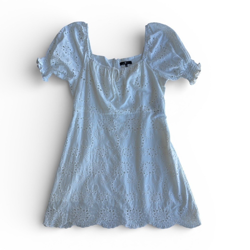 7 For All Mankind White Eyelet Puff Sleeve Mini Dress‎ L Coquette Cottagecore